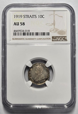 1919 STRAITS SETTLEMENTS 10 CENTS NGC AU 58 Certified Coin