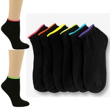6 Sets Girls Ankle Sports Socks Low Cut Black Neon Sport Run 6-8 Sz
