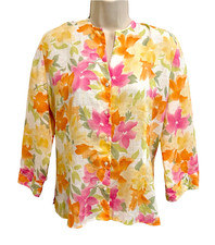 100% Linen Talbots WomensTop Sz 14 Button-up Floral 3/4 Sleeve Beach Resort Lite