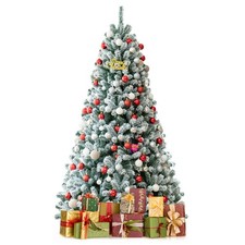 7' Pre-lit Snow Flocked Hinged Christmas Tree w/ Metal Stand 1116 Tips
