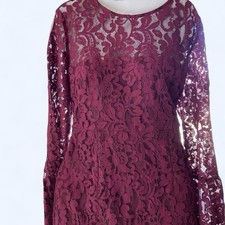 Lulus Burgundy lace dress with sheer sleeves and hem