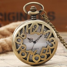 Bronze Hollow Arabic Number Case Men's Quartz Pocket Watch Necklace Chain Gift