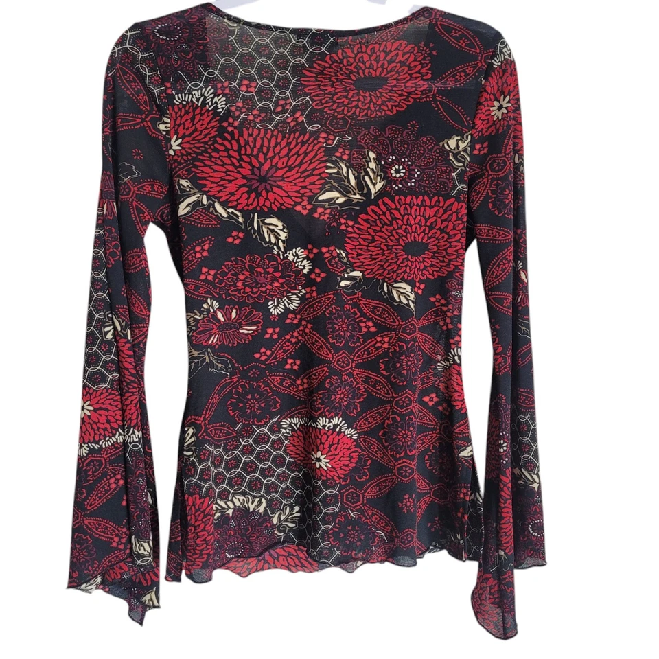Blusa transparente Babydoll sombra de ojos Y2K para mujer talla grande negra roja floral hippie Foto 2 de 4