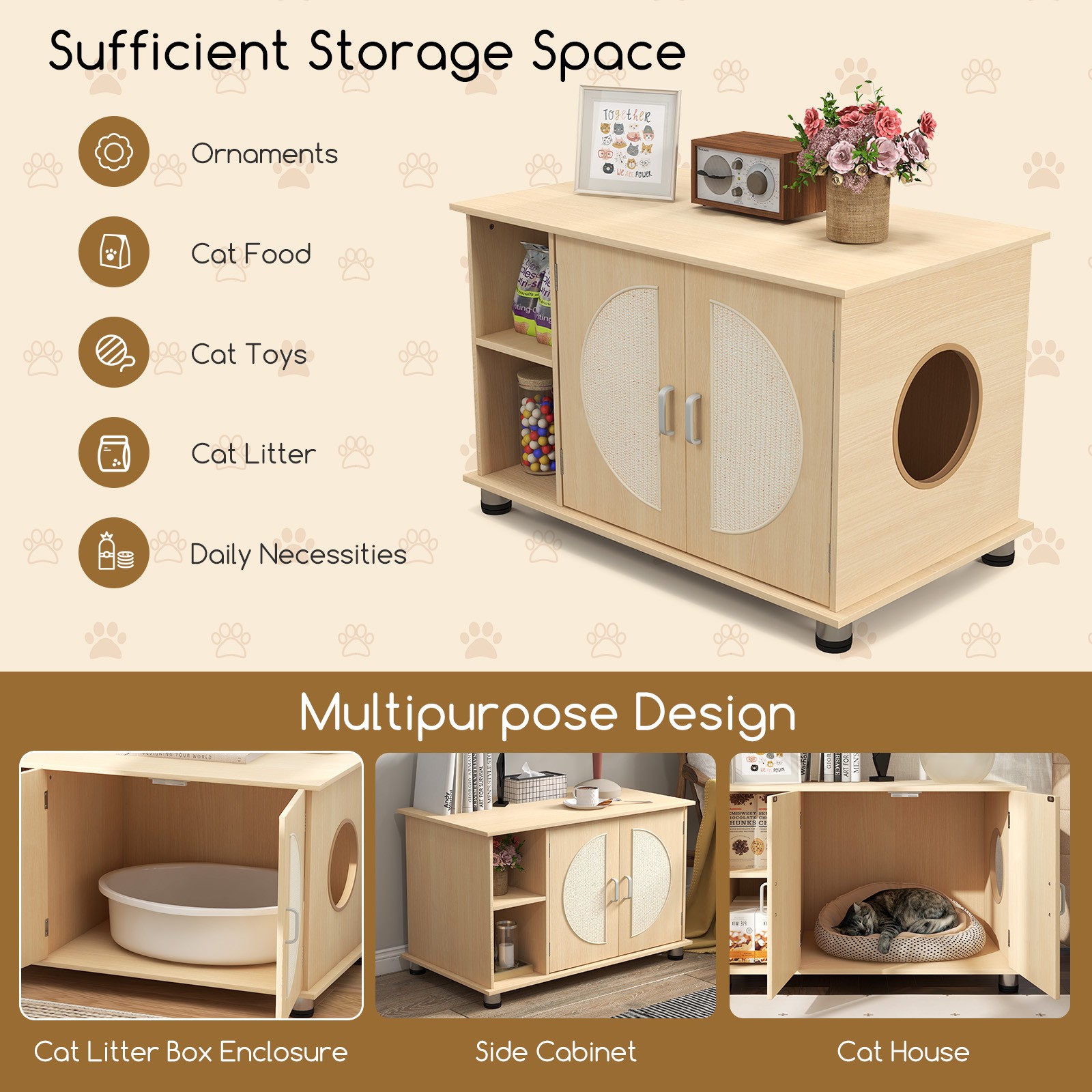 Cat Litter Box Enclosure Adjustable Metal Feet w/ Sisal Scratching Doors Storage