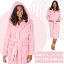 Ladies Cable Textured Dressing Gown Plush Fleece Robe Pink Sizes S-XL