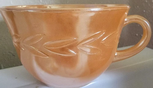 Vintage Fire King Oven Ware Coffee Tea Cup Peach Lustre / Band of Leaves  #15199