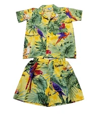 YMLA Shorts Set Cartegena Colombia Tropical Parrots Silk Feel Sz Boys 10 Vintage