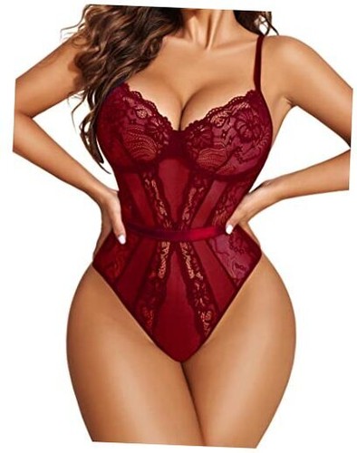 Women Lingerie Bodysuit Lace Teddy Snap Crotch One Piece XX-Large Wine Red