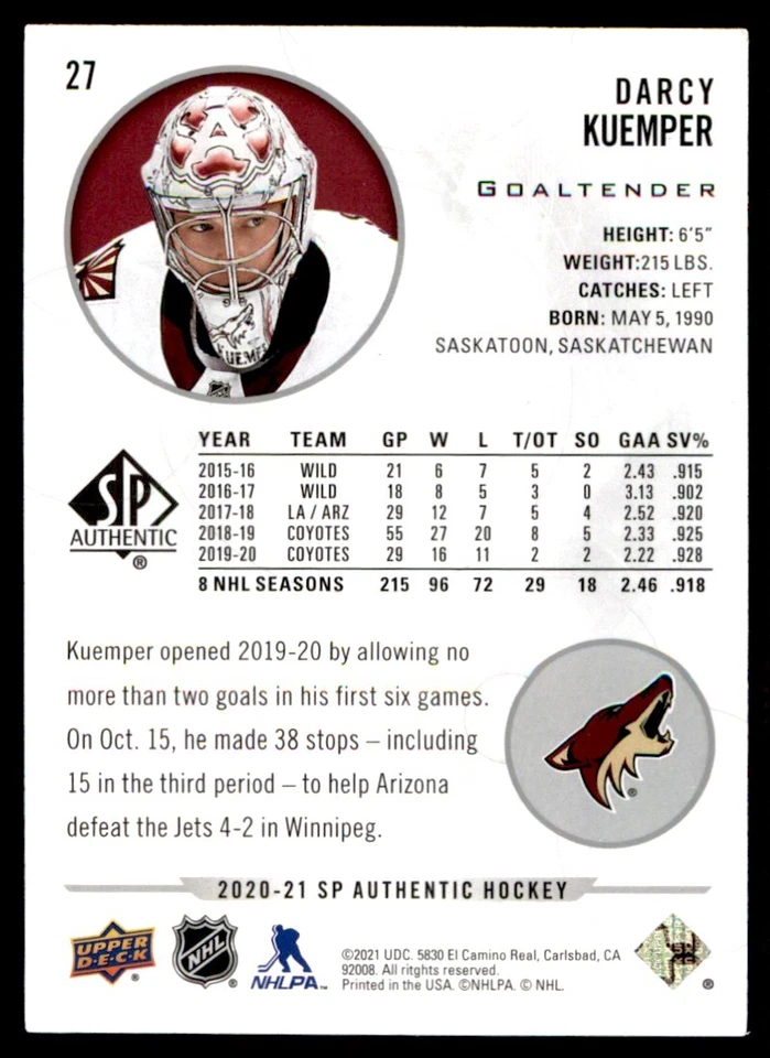 2020-21 SP Authentic Darcy Kuemper Arizona Coyotes #27 - Image 2 of 2