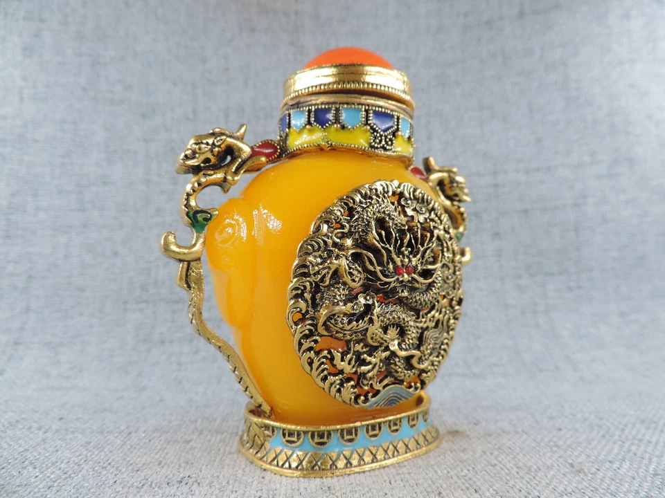 Botella de tabaco Cloisonne hecha a mano con incrustación china patrón amarillo suerte B Foto 3 de 4