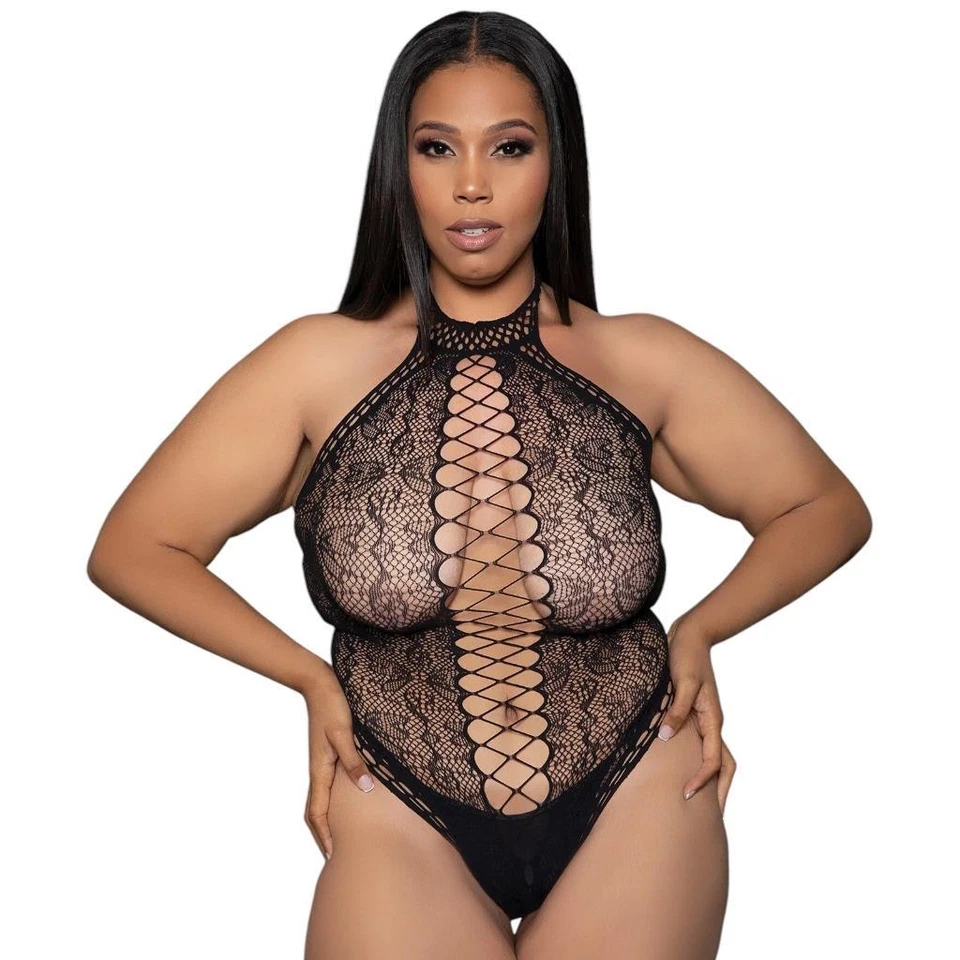 Искусственный на шнуровке плюшевый боди без рукавов стринги назад вырезы банты черный 2373 - Изображение 4 из 4