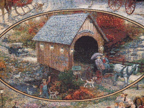 Thomas Kinkade Wall Hanging Tapestry Covered Bridge 26x26 - Picture 4 of 11