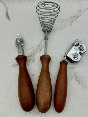 Vintage MCM ECKO A&J Knife Sharpener Bottle Opener Whisk Wood Handle Made USA