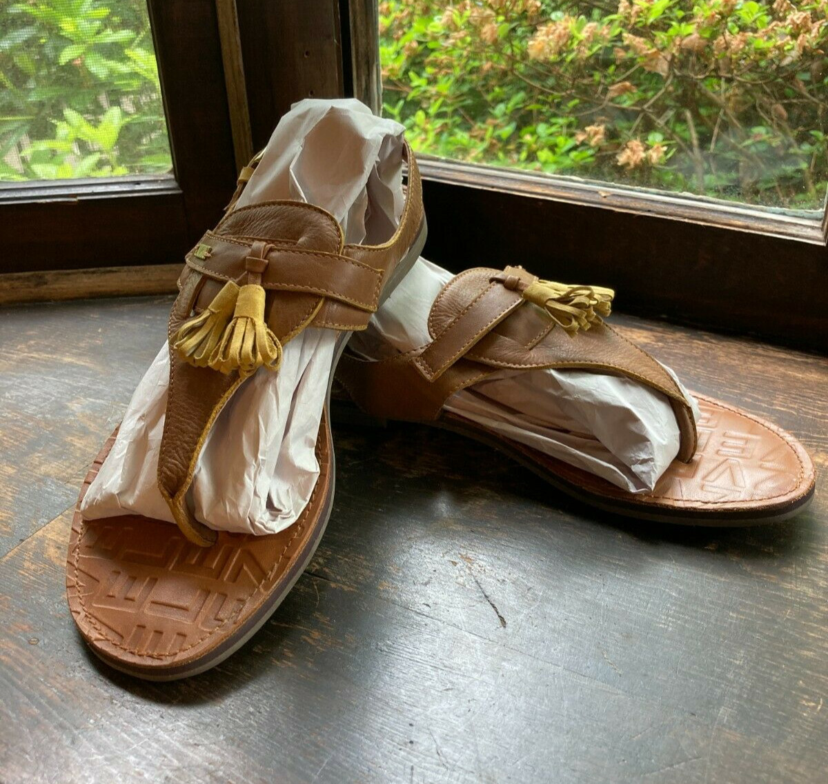 Velez Leather Thong Flat Sandals Brown Tassles Size 3… Gem