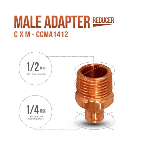 1/4" x 1/2" CxM Copper Male Adapter Sweat x MIP Thread Plumbing Reducer Fitting