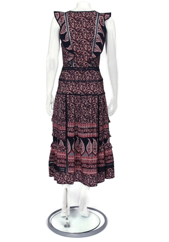 Vestido midi de seda sin mangas con volantes azul cachemir floral SEA New York talla 0/562 Foto 4 de 4