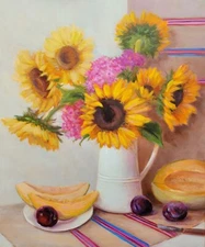 ORIGINAL Still Life Oil Painting of a Sunflower Bouquet Golden Blossoms Wall Art