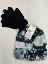 New! Justice Girls Tie-Dye Beanie Hat & Tech Gloves Black Color One Size