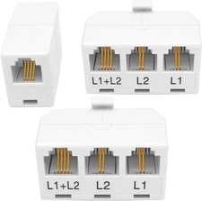 NECABLES 2+1Pack 2pcs Phone Jack Splitter 2 Line Adapter RJ11 1 Male to White 