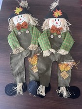 VTG Handmade Scarecrow Figurines Straw Fabric Country Fall Harvest Decor Flat