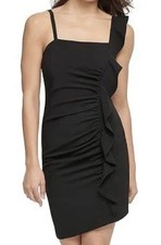 GUESS Ruffled Bodycon Dress Black Solid Straight Neck Back Zip Closure Sz 10 NWT