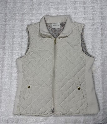 Adrienne Vittadini Vest Women L Ivory Quilted Ribbed Gold Snap Equestrian