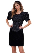 Vtg Scott McClintock Black Velvet Dress Sz 10 Sparkle Puff Sleeves Formal 80s