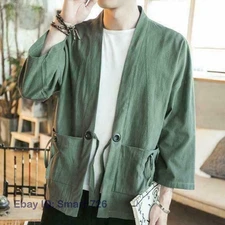 Mens Retro Hanfu Japanese Kimono Cotton Linen Jackets Outwear Robe Coats Fashion
