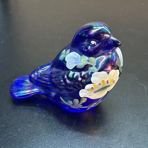 Fenton Glass Cobalt Blue Iridescent carnival Happiness Song Bird Flowers Farley