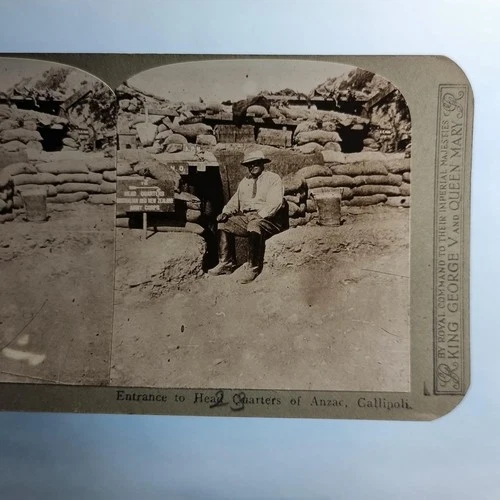 WW1 Military Stereoview C1916 Real Photo Turkey Gallipoli Anzac Hq Entrance Sign