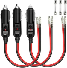 3 Pack 12V/24V Cigarette Lighter Male Plug Adapter Connectors, 16AWG with LED Li