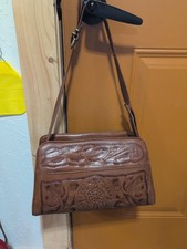 Vintage Tooled Brown Leather Shoulder Bag 7 Pocket Boho Western Floral 11x7x5