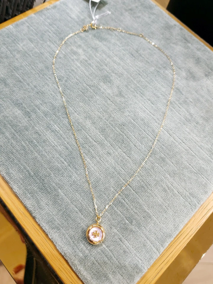 Authentic Tory Burch 18K Gold Plated Pink Purple Mother of Pearl Necklace 168606 - Image 2 of 4