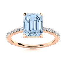 925 Silver Emerald Cut Aquamarine Gemstone Solitaire with Accents Ring