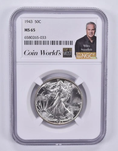 1943 Walking Liberty Half Dollar 50c MS65 NGC Miles Standish Label *2890