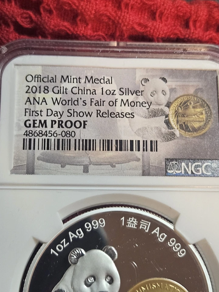 2018 Gilt China Panda 1 Oz Silver Mint Medal ANA World's Fair NGC GEM PROOF - Image 3 of 4
