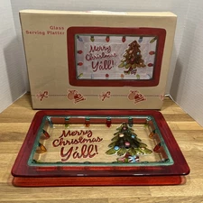 Cracker Barrel Merry Christmas Y'all! Colorful Glass Serving Platter EUC w/ Box