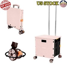 Foldable Utility Cart Portable Rolling Crate Handcart Move Luggage Office Pink