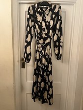 V For Very Black & Cream Print Long Sleeve Silky Midi Shirt Dress,UK 14