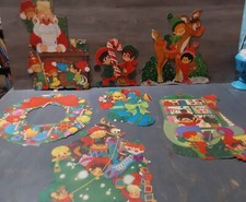 Vintage Die Cut Christmas Decoration 7pc Elves Santa Stocking Reindeer