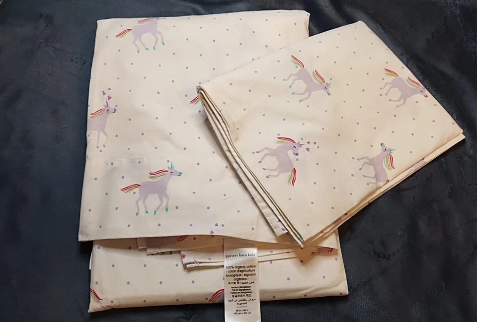 Pottery Barn 儿童双独角兽床单和枕套  — 第 3/3 张图片