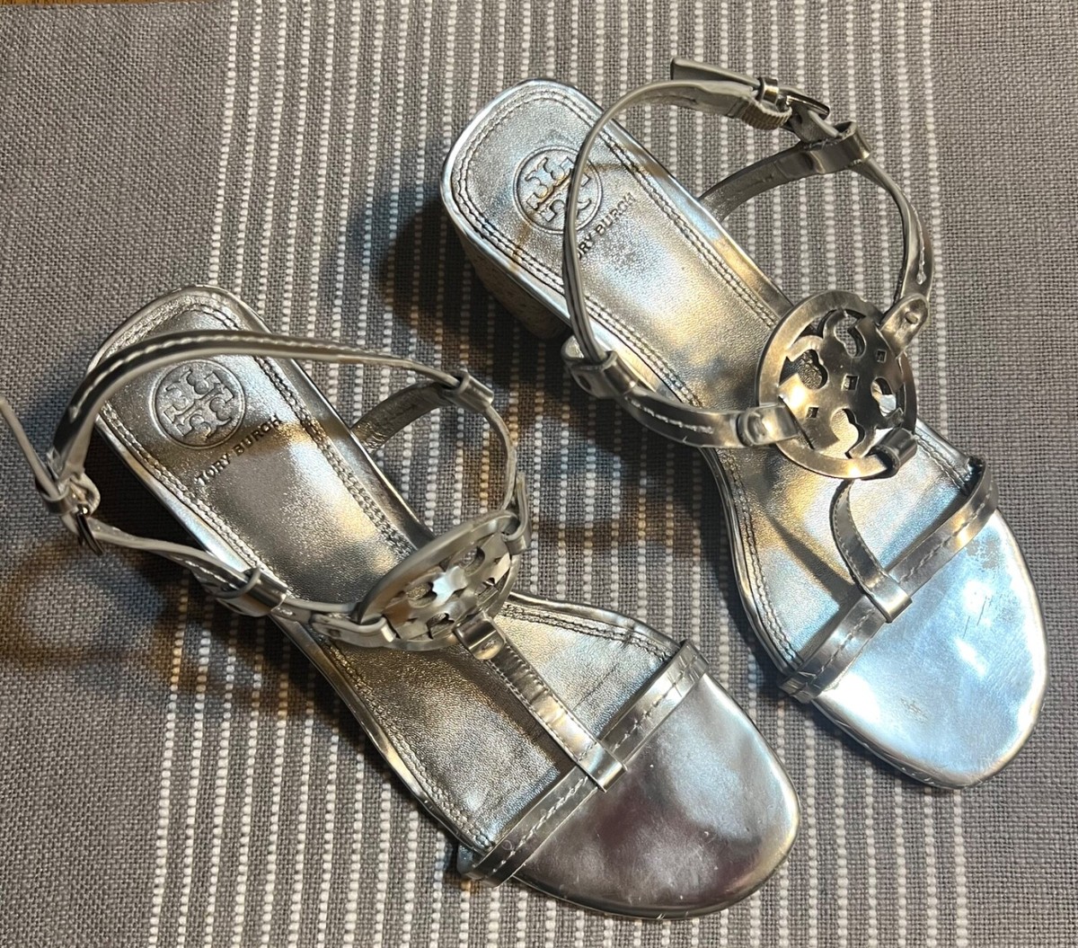 TORY BURCH Silver Metallic T-Strap Block Heels Ankle Strap