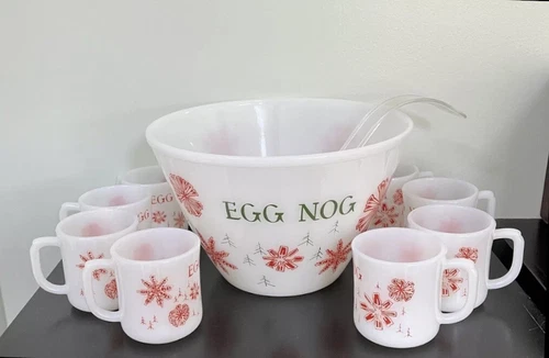 Vintage Fire King Egg Nog 10 Piece Set Milk Glass Snowflake Punch Bowl & Mugs