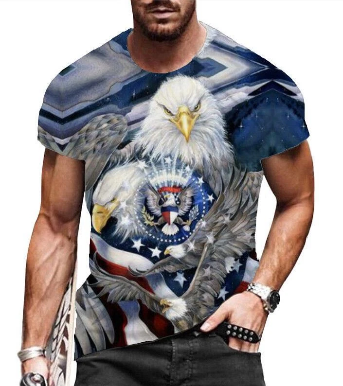 Camiseta Hombre Moda Águila Americana EE. UU. Bandera Manga corta Azul Camisa