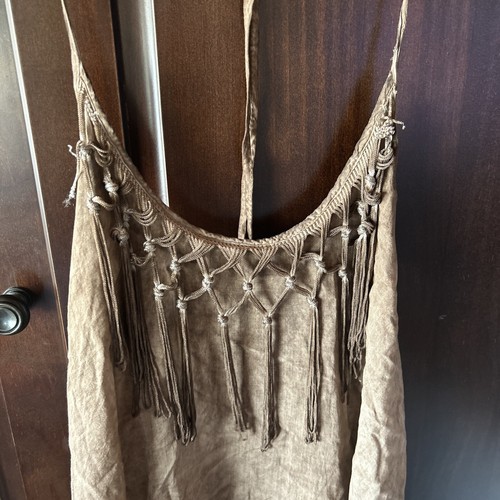 Party Khaki Halter Low Bank Fringe Tank Top S - Picture 2 of 7