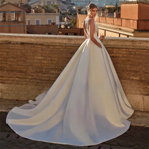 Sexy A-Line Wedding Dress Deep V-Neck Sleeveless Court Train Satin Bridal Gowns - Picture 2 of 8