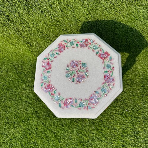 White Marble End Table | Pink Mother of Pearl Inlay | Floral Pietra Dura Art