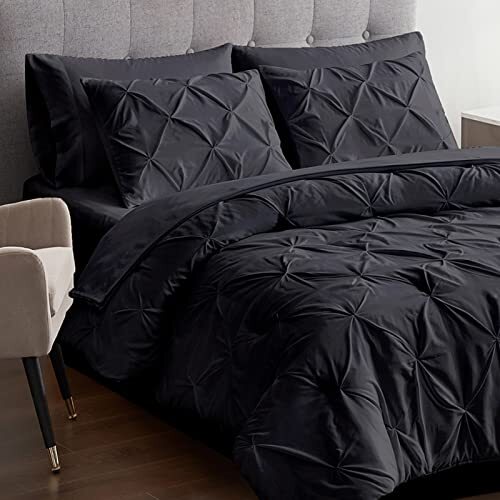 Comforter Set - 7 Pieces Pintuck Bed in A Bag - Comforters Size - Queen Black-image