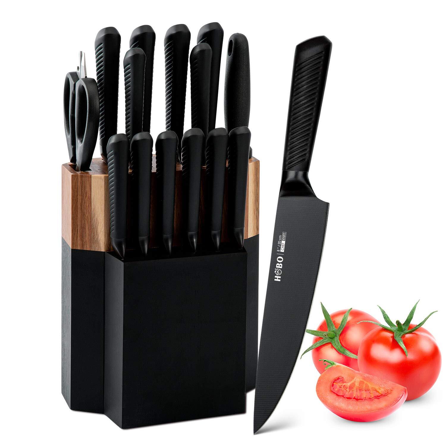 Knife Block Set, 15 Piece Kitchen Knife Set with 6 Steak Knife Set with Sharp...-image