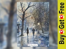 Serene Winter Urban Scene, Watercolor Painting Print 5"x7" on Matte Paper